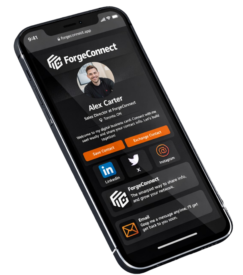 ForgeConnect digital business card app showing NFC smart profile on smartphone